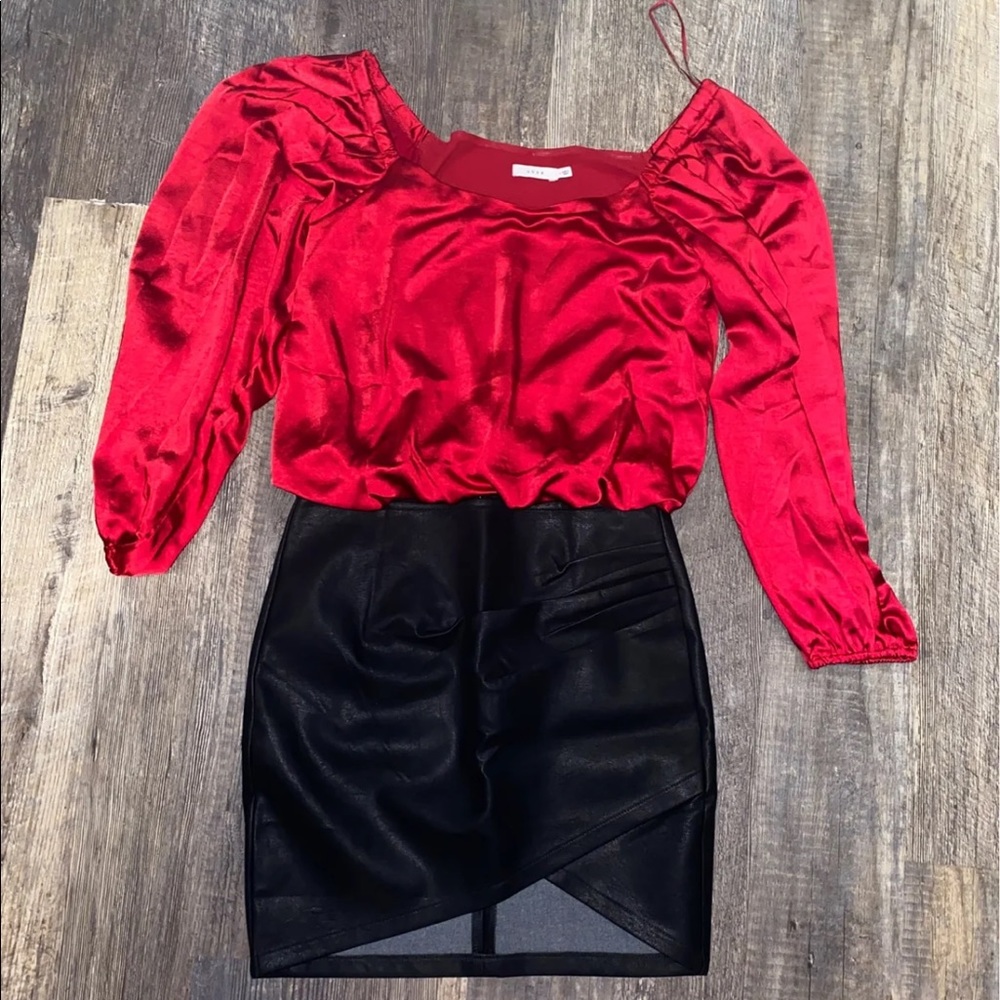 Vici black leather skirt and red blouse